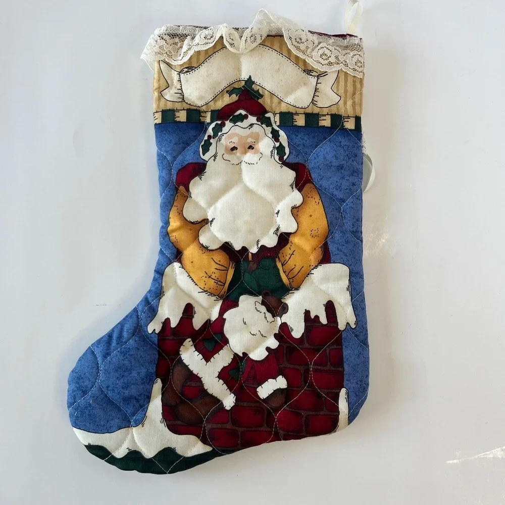 Vintage Quilted Santa Claus Christmas Stocking Lace Trim Victorian Country Decor